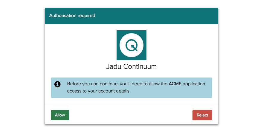 User is prompted by Jadu Connect to authorise the application