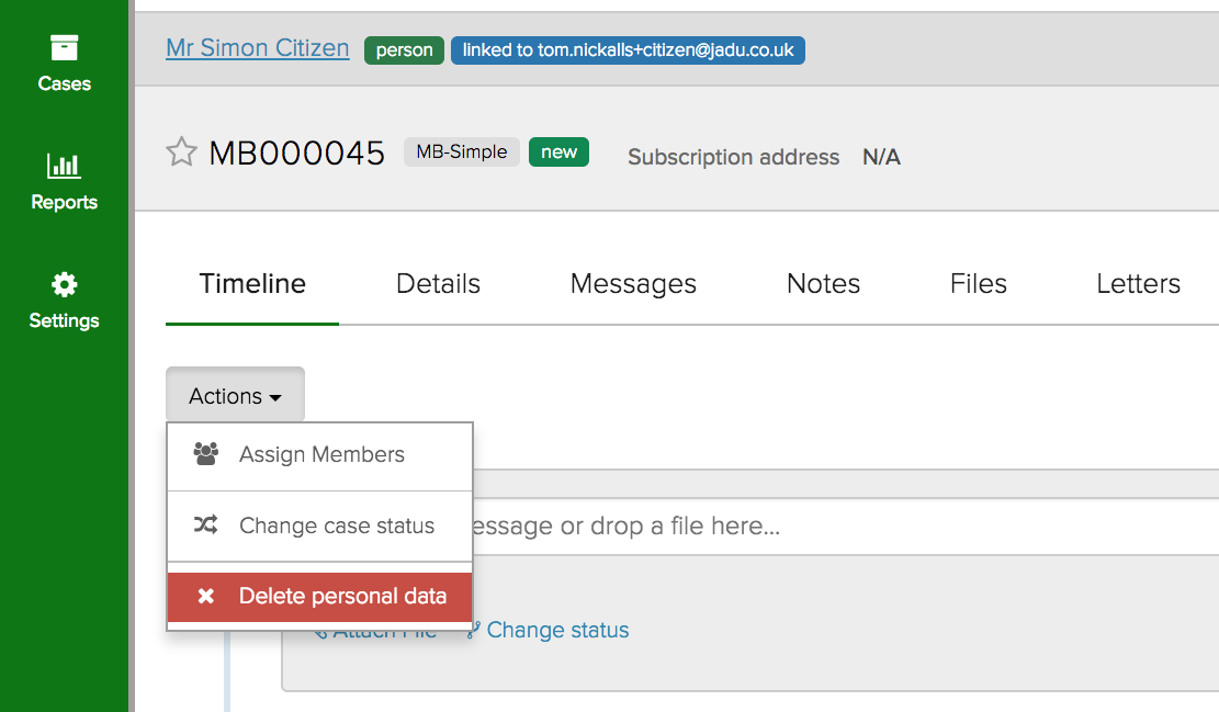 Delete personal data from a case