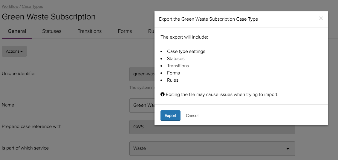 Case Type export modal