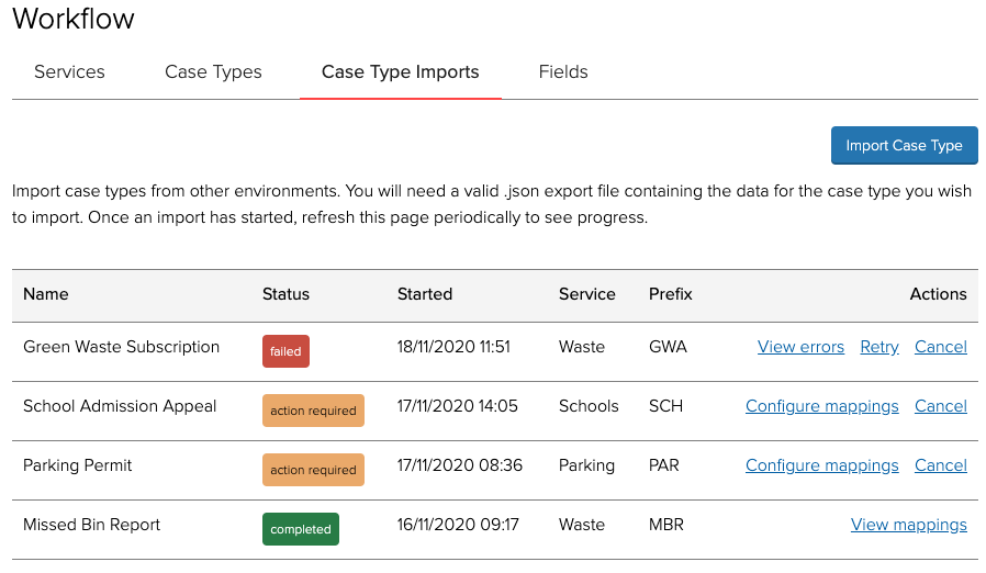 Case type imports list with all possible states