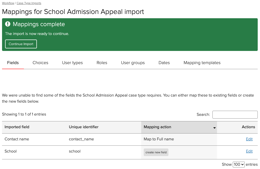 Case type import mappings continue import panel