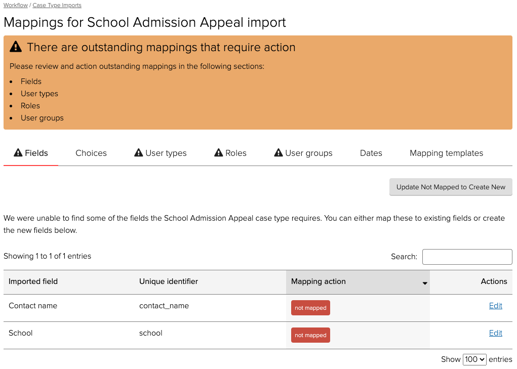 Case type import mappings list