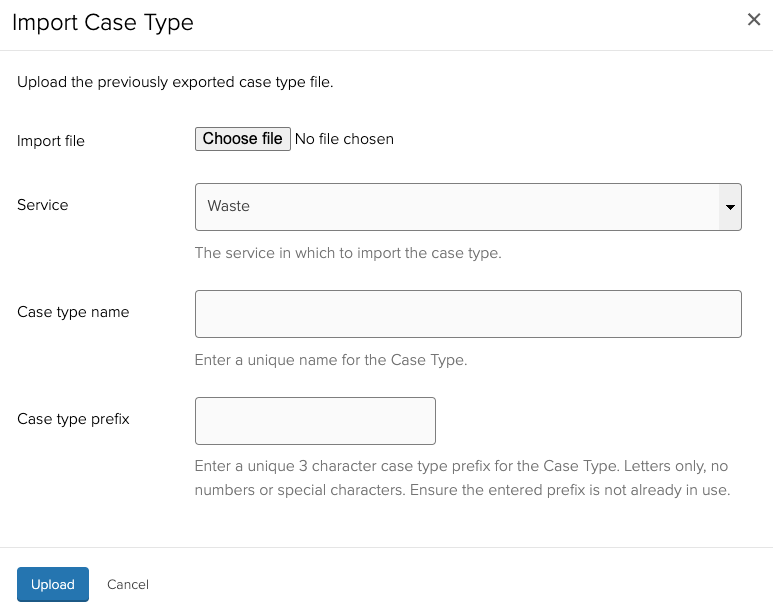 Start case type import modal