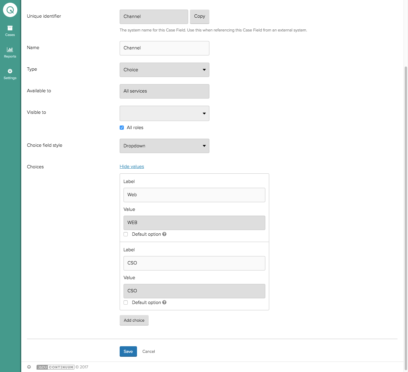 Example channel field in Jadu Connect