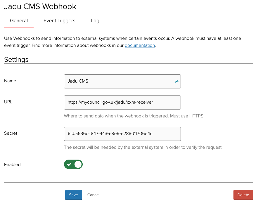 Webhook edit form