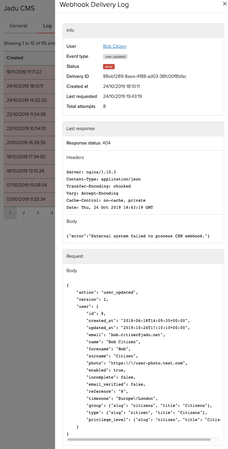 Webhook log details panel for a failed delivery