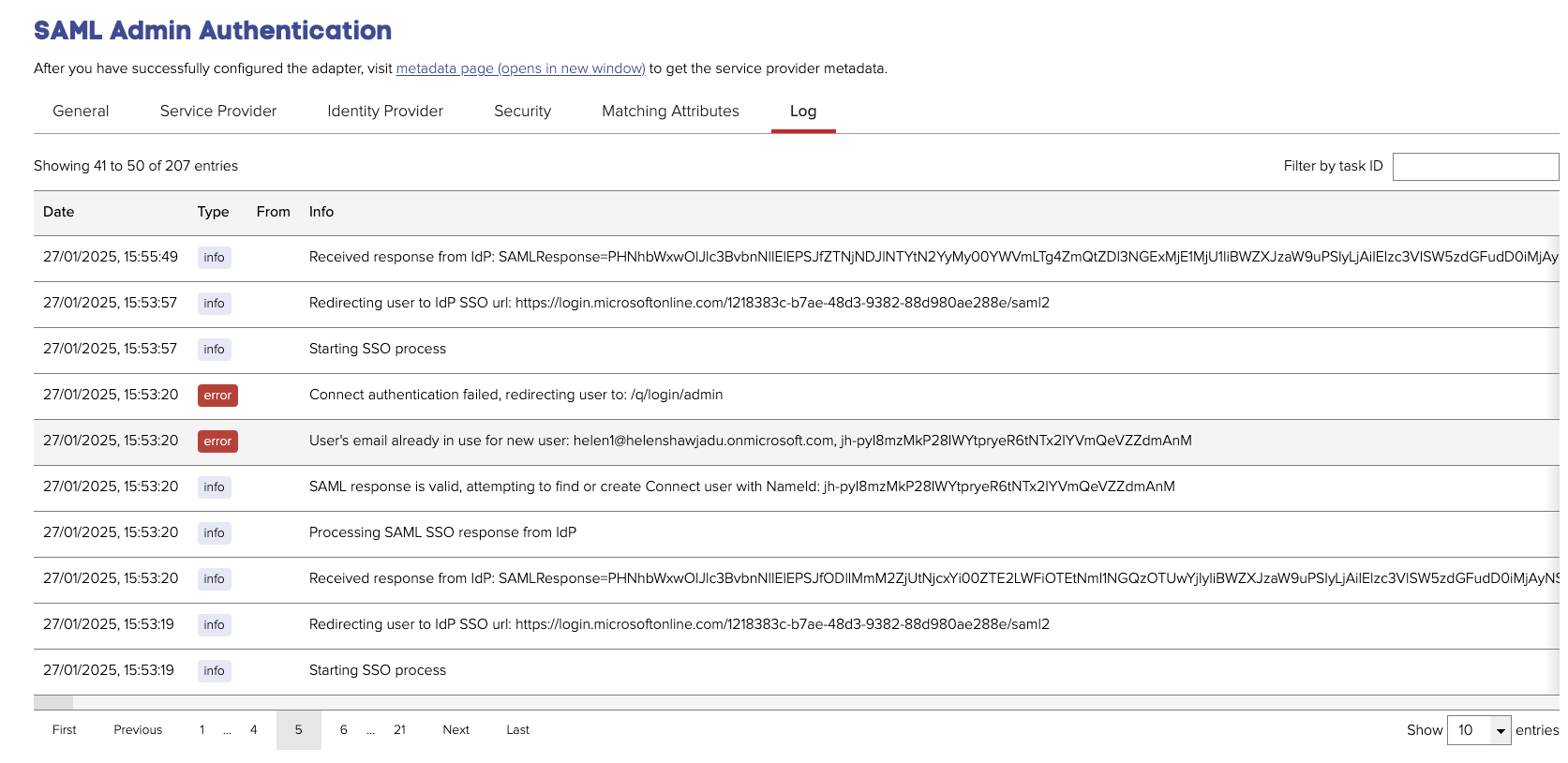 Example SAML Admin Authentication debug log