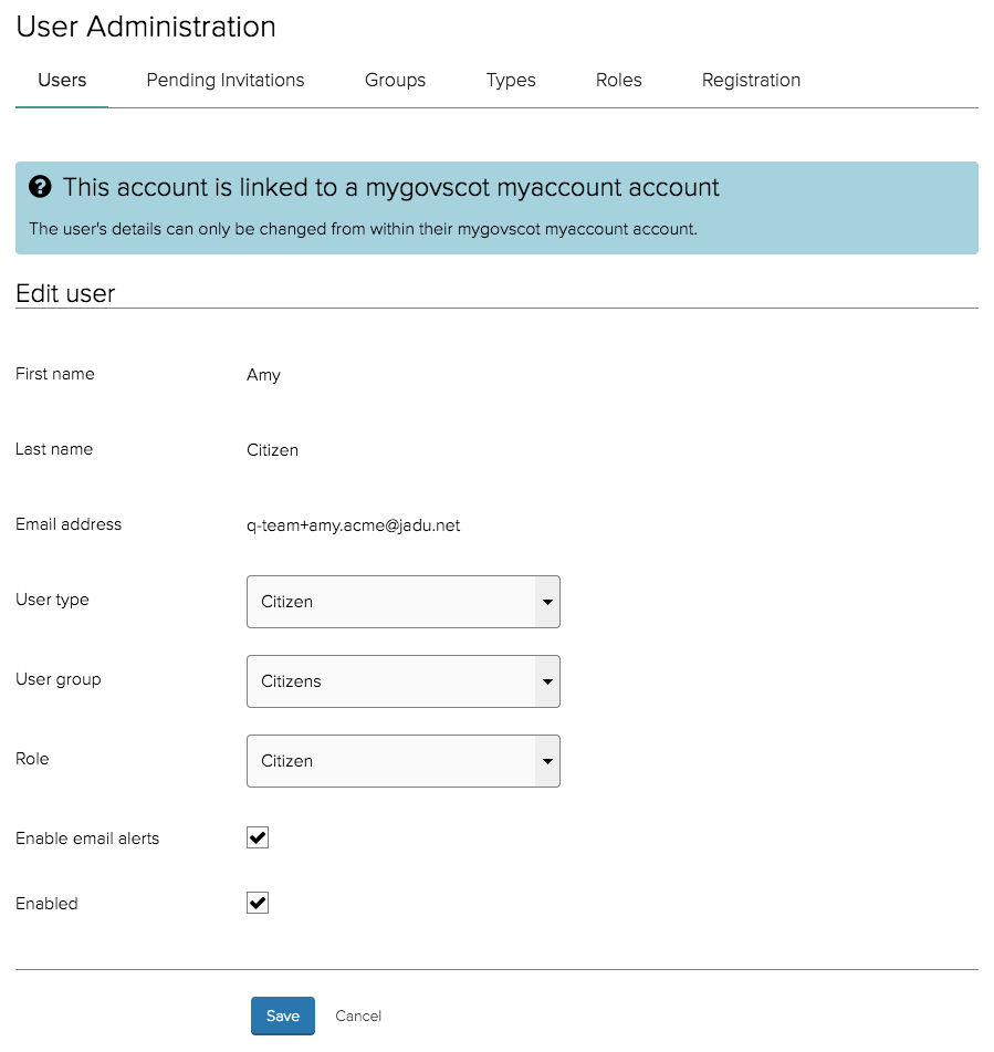 Edit user details in admin page with mygovscot myaccount enabled