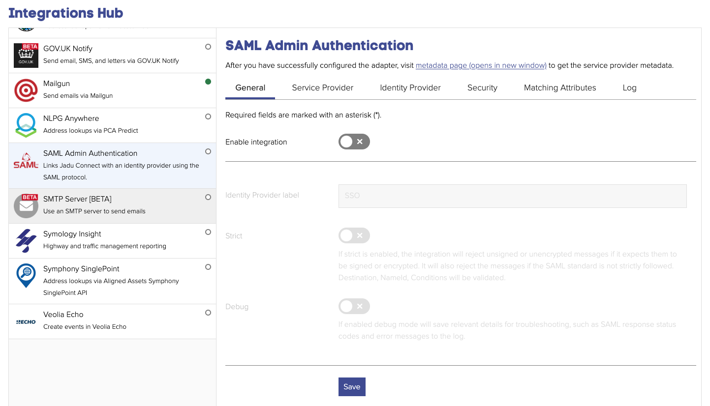 SAML admin authentication general settings