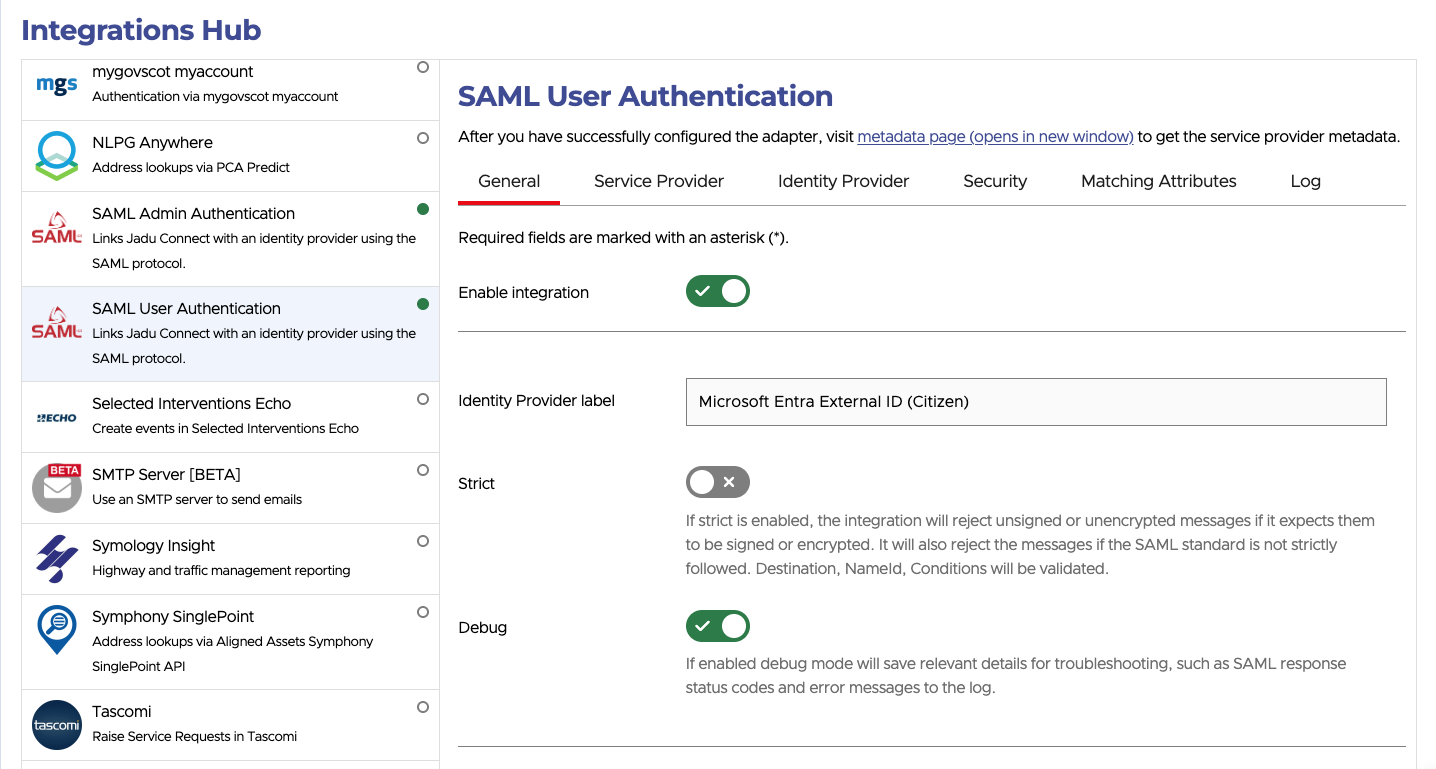 SAML admin authentication general settings
