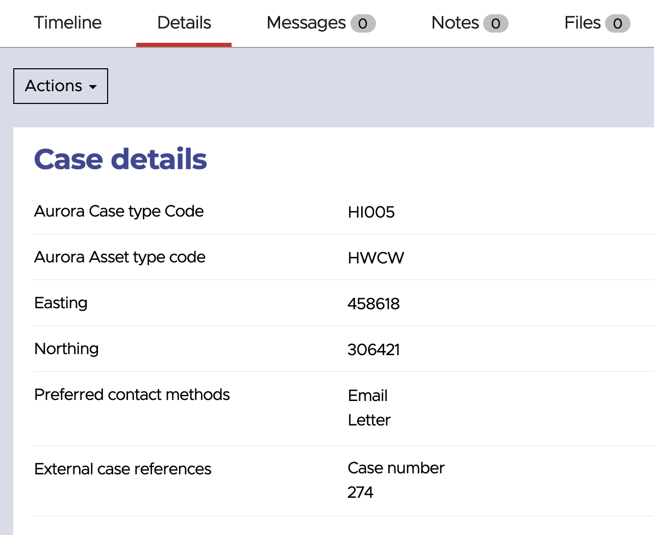External case reference displayed on case details