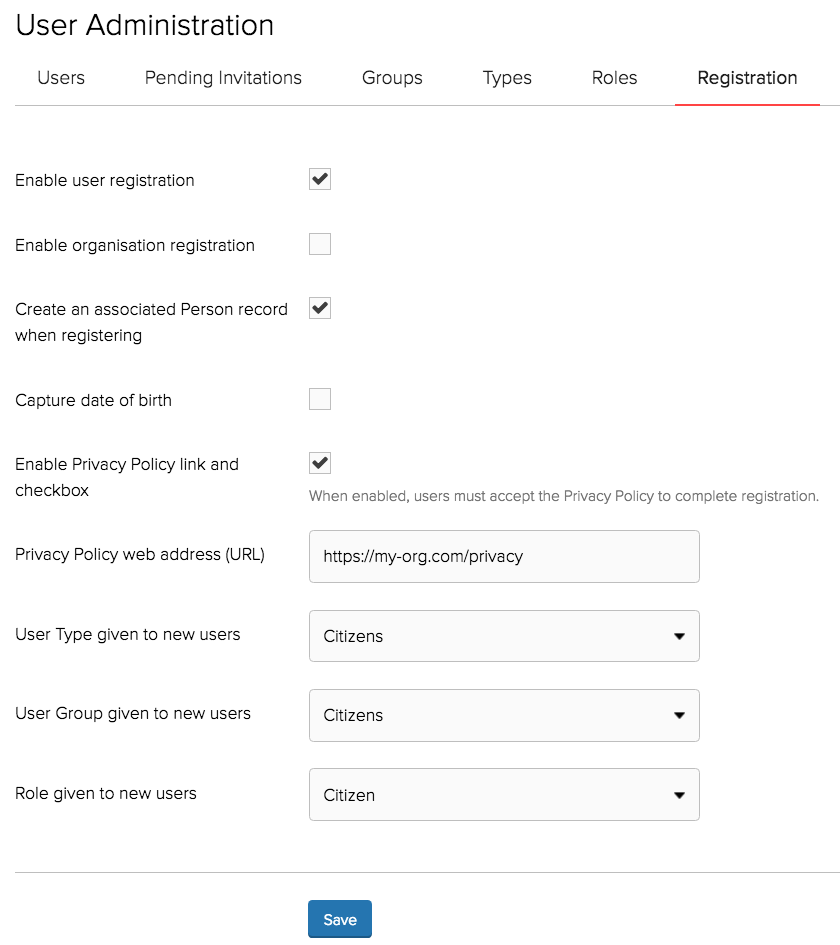 Registration configuration