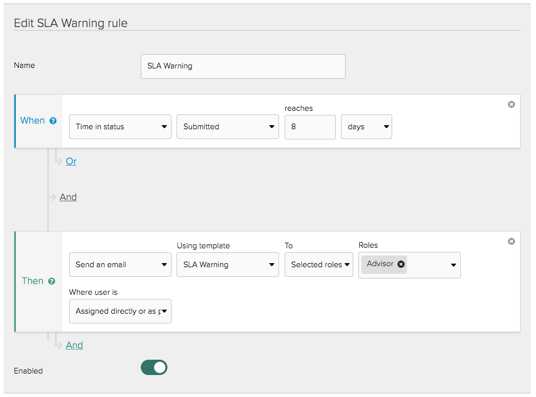 Jadu Connect SLA warning rule